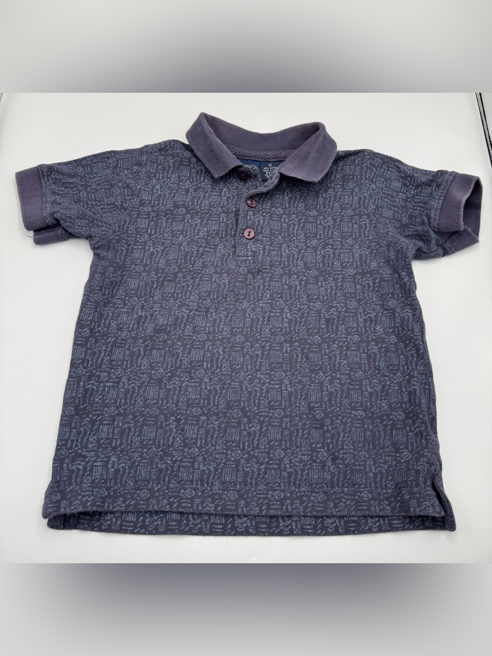 Vintage Boys Cherokee Navy Short Sleeve Polo Shirt W/ An All Over Print Size 5T